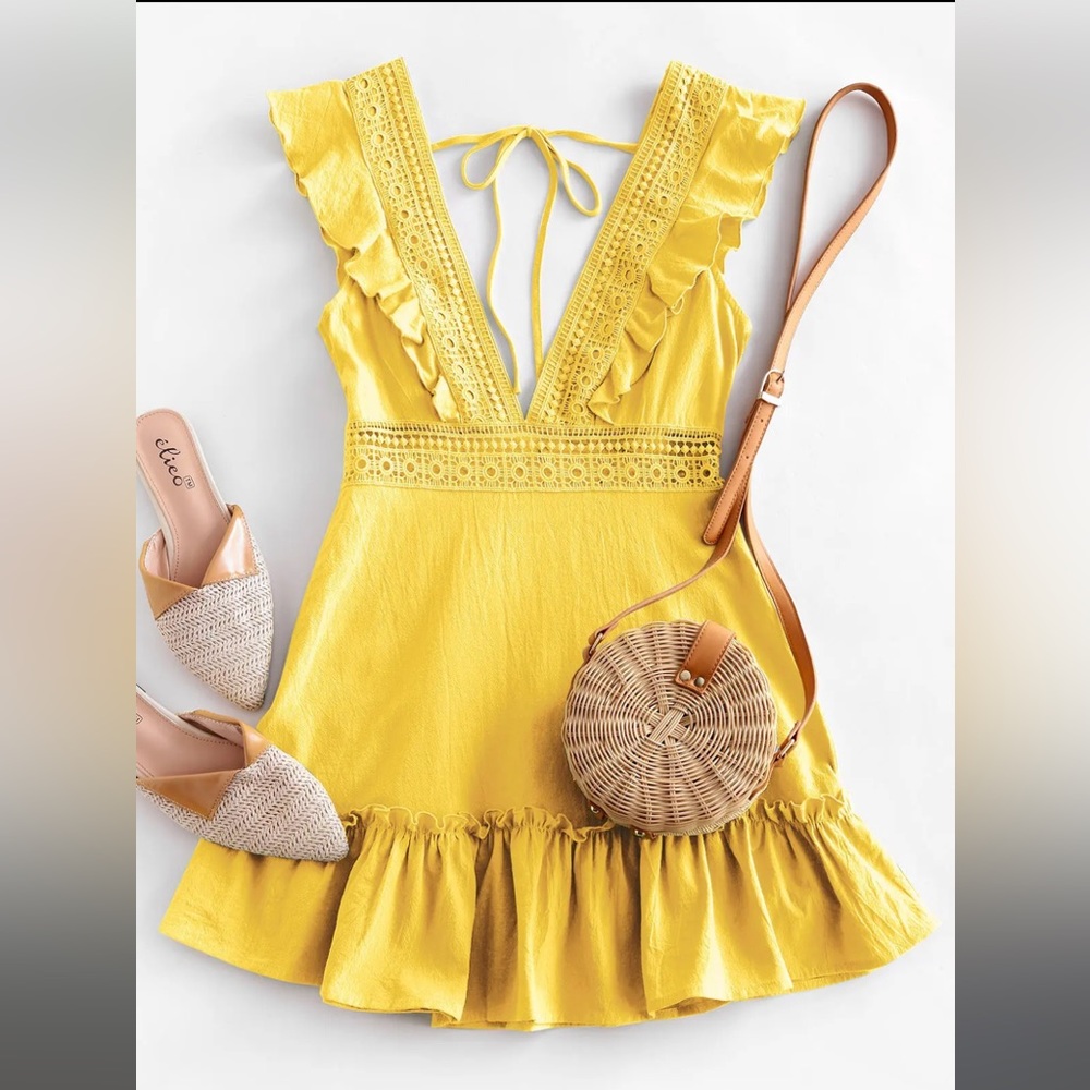 Plunge Crochet Panel Ruffle Dress - Corn Yellow S